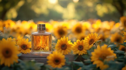 Fragrant perfume surrounded by sunflowers natural still life scene