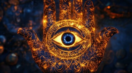 Naklejka premium A Hamsa hand glowing with intricate spiritual designs and a central eye, radiating protection