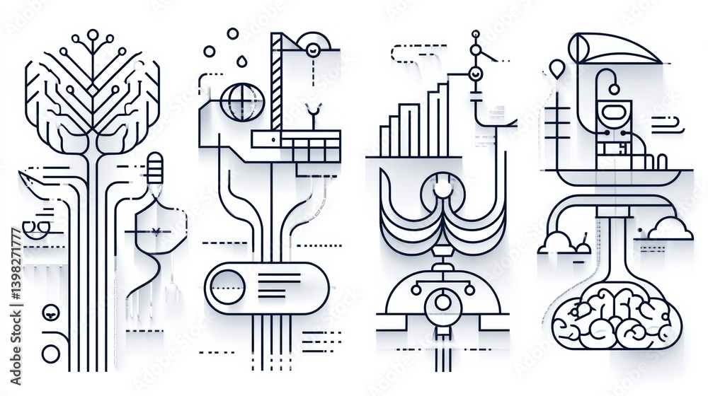 Poster ai icon set concept. six modern icons representing neural networks and data analysis