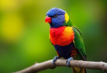 Fototapeta premium Rainbow lorikeet perched on a branch with soft green background and vivid colors