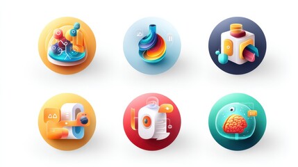 AI icon set concept. Six professional icons for tools and learning