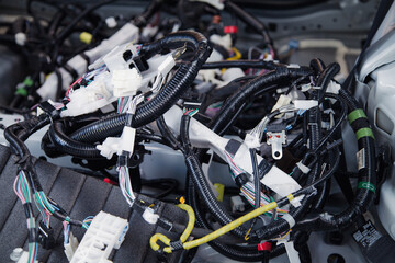 Fototapeta premium Wires, connectors, modules, and connections from a new car wiring harness to replace the old wiring in a vehicle