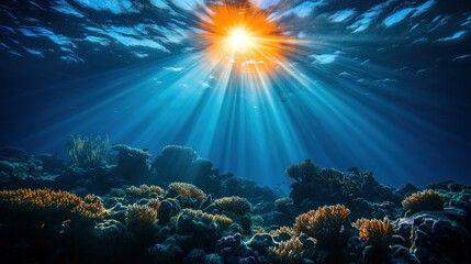Fototapeta premium Underwater coral reef sunlight beams