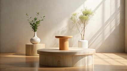 Serene Minimalist Still Life Featuring Wooden Platforms, Vessels, and Greenery in Soft Sunlight