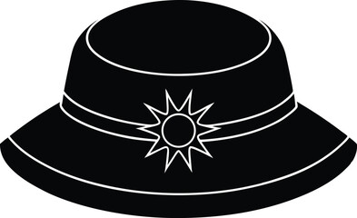 stylist black hat with a bow, black hat, black and white hat, black top hat isolated on white, black top hat silhouette vector icon on black background.