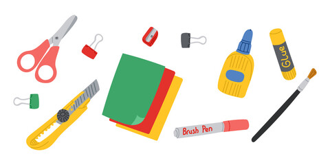 Hand drawn set of colorful stationery and craft supplies including scissors, glue, paper and brush. Represents creativity, DIY activities and artistic school or office work