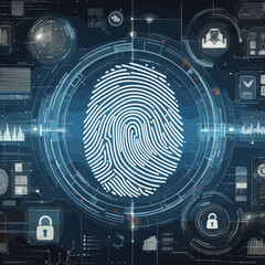 Obraz premium Futuristic illustration of a fingerprint surrounded by digital icons and security elements