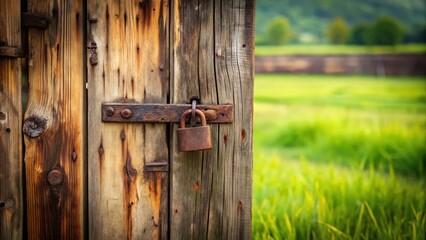 Rustic Wooden Gate Secured with Weathered Padlock in Serene Field Setting
