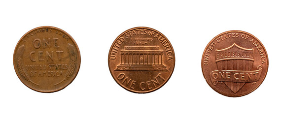 Three different versions of pennies on a transparent background 