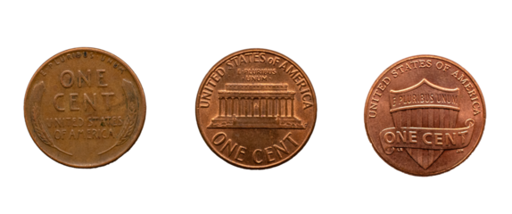Three different versions of pennies on a transparent background 