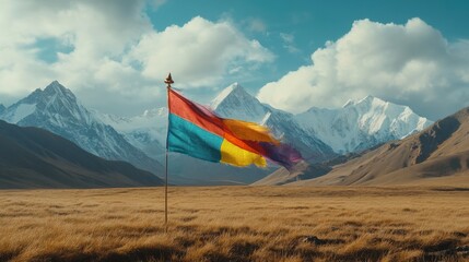 A colorful Tibetan prayer flag fluttering in the wind near a majestic Himalayan mountain range