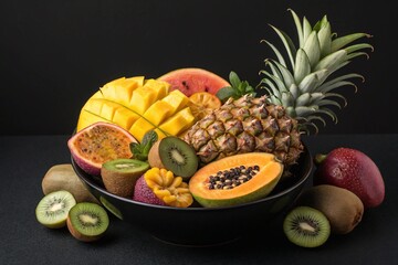 An image of a vibrant fruit platter with exotic fruits such as mango, papaya, pineapple, kiwi and passion fruit. Vibrant colors and detail are used to convey the freshness and appetizing nature of the