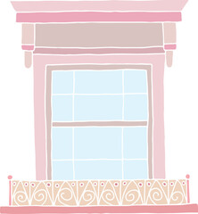 vintage window with decorative canopy on top and balcony box with shades of pink flowers without contour lines, casually hand drawn