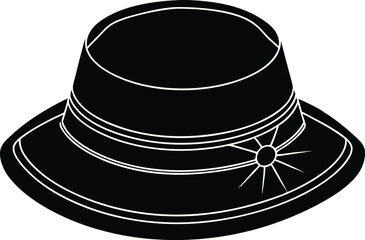 stylist black hat with a bow, black hat, black and white hat, black top hat isolated on white, black top hat silhouette vector icon on black background.