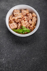 Tuna canned fish seafood appetizer dish organic product fresh tasty gourmet food background on the table rustic food top view copy space keto and paleo pescetarian diet