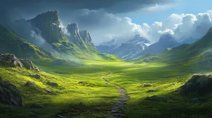 Fototapeta premium Pathway nestled in a vast green landscape with cascading hills in the distance, offering isolation and surreal beauty.