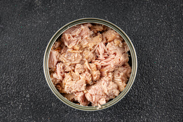 Tuna canned fish seafood appetizer dish organic product fresh tasty gourmet food background on the table rustic food top view copy space keto and paleo pescetarian diet