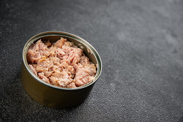 Tuna canned fish seafood appetizer dish organic product fresh tasty gourmet food background on the table rustic food top view copy space keto and paleo pescetarian diet