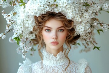 Stunning caucasian young woman surrounded by cherry blossoms. Spring mood, soft daylight and fog. Commercial ad artwork. Woman surrounded by springtime blooms. Woman posing in spring blossoms.