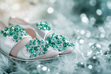Elegant shoes with sparkling green gems displayed on a soft surface with glittering lights