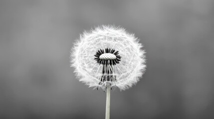 Close-up of a single dandelion puff against a soft, blurred background.