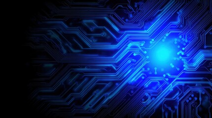 Abstract blue circuit board design with glowing center.