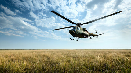 Fototapeta premium Military Helicopter Flying Over Golden Wheat Field