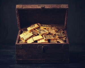 A treasure chest filled with gold bars, gems, and investment documents, symbolizing the accumulation of royal wealth