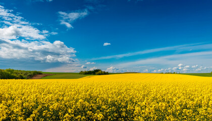 Bright yellow fields of canola under a clear blue sky display nature's beauty in a vibrant landscape