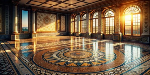 Obraz premium Sunlit Grand Hall with Intricate Floor Design and Ornate Architectural Details