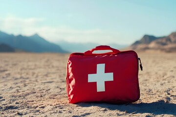 A red first aid kit with a white cross on it stands outside