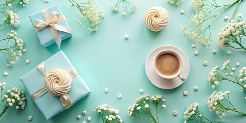 Pastel Present Delight Two Gifts, Coffee, and Delicate White Blooms on a Light Blue Background