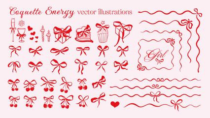 Coquette Girly Bows Set and Cherry, Vintage Sketch Border Frames and Corners for Wedding Cards or Birthday Party, Cute Elegant Cowgirl Ribbons for Valentines Day Decoration Vector Collection