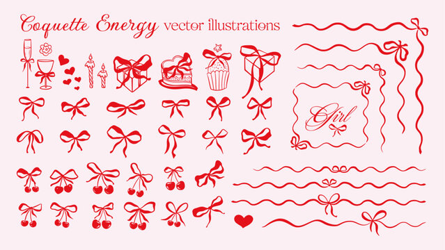 Coquette Girly Bows Set and Cherry, Vintage Sketch Border Frames and Corners for Wedding Cards or Birthday Party, Cute Elegant Cowgirl Ribbons for Valentines Day Decoration Vector Collection