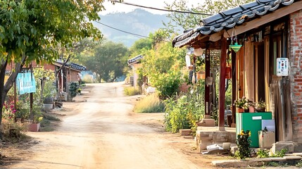 Serene Korean Village Dirt Road Traditional Houses Lush Greenery Sunny Day Peaceful Atmosphere Rustic Charm Asian Architecture Countryside Travel Rural Life