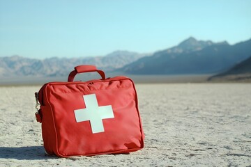 A red first aid kit with a white cross on it stands outside