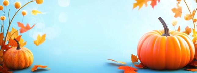 thanksgiving holiday party banner or greeting card background with autumn pumpkin and autumn  leaves on blue background