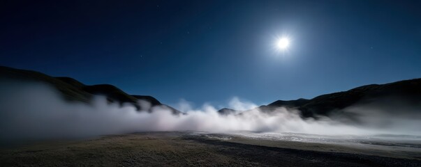 Naklejka premium Alternative Geothermal Dark Style. Mysterious landscape under a moonlit sky with fog and mountains.
