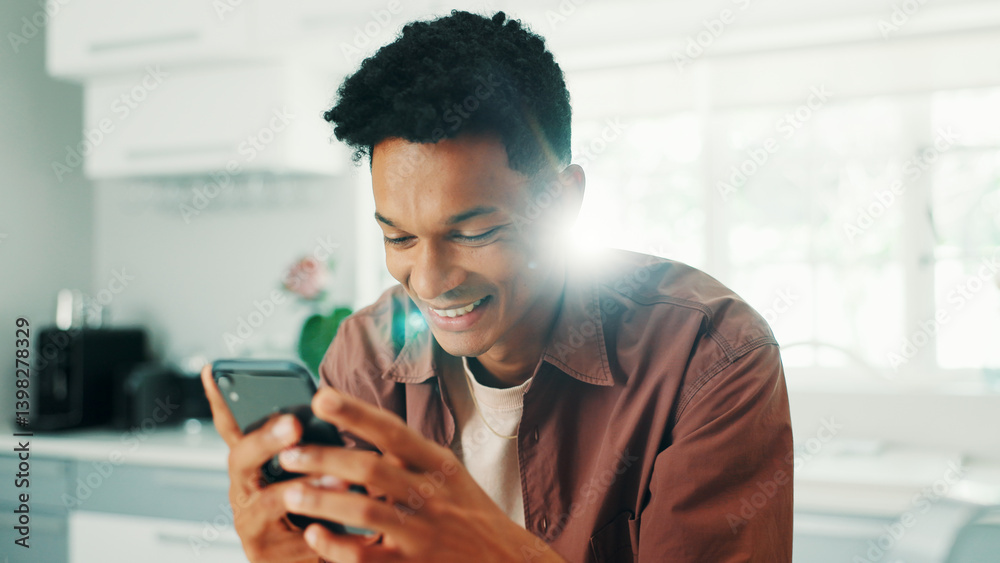 Poster dating app, reading or happy man texting with mobile in home on social media application or subscrip