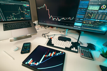 Fototapeta premium Cryptocurrency or stock market analysis workspace with candlestick charts