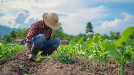 Agricultural worker planting seeds in the soil as part of crop cultivation.