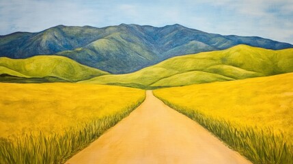 The horizon is a cascade of soft mountains over a field of green, a quiet path offering peace, direction, and inward reflection.