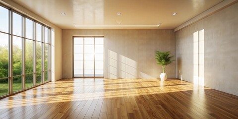 Sunlit Empty Room with Hardwood Floors and Large Windows Offering a Peaceful and Serene Atmosphere