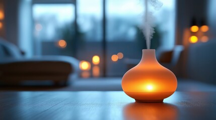 Electric diffuser spreading aromatic vapor in a well-lit room with a blurred background