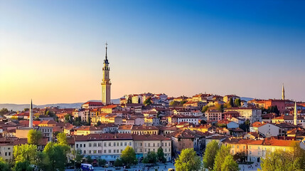 Obraz premium Panoramic View Of A European Town At Sunset