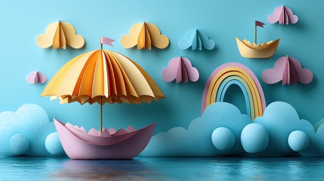 Paper Boat Adventure: A whimsical voyage across a pastel sea under a rainbow, featuring origami clouds and a paper umbrella sail.