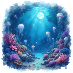 Naklejka premium Underwater coral reef teeming with jellyfish and vibrant marine life under moonlight
