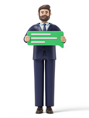 Man holding a speech bubble, symbolizing communication or announcement. 3D rendering, conceptual image. Isolated on white background.