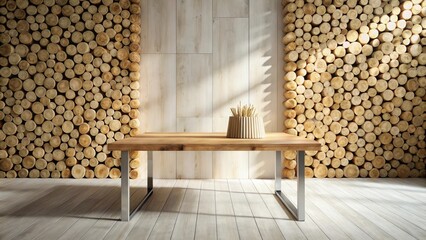 Rustic wooden table with minimalist metal legs, centered in a room featuring decorative log walls and soft sunlight illuminating the scene.