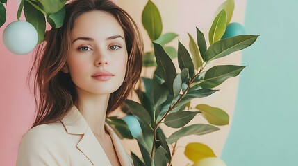 Elegant office woman standing beside leafy plant adorned with pastel springtime ornaments